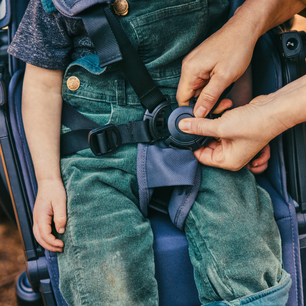 Child secured in Switch and Roll stroller